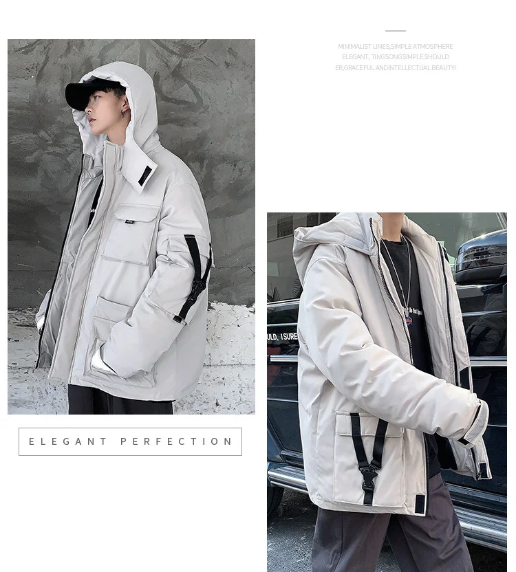 Winter Short Coat Men Warm Thick Parka Men Fashion Reflective Strip Hooded Coat Man Streetwear Loose Tooling Jacket Male Clothes