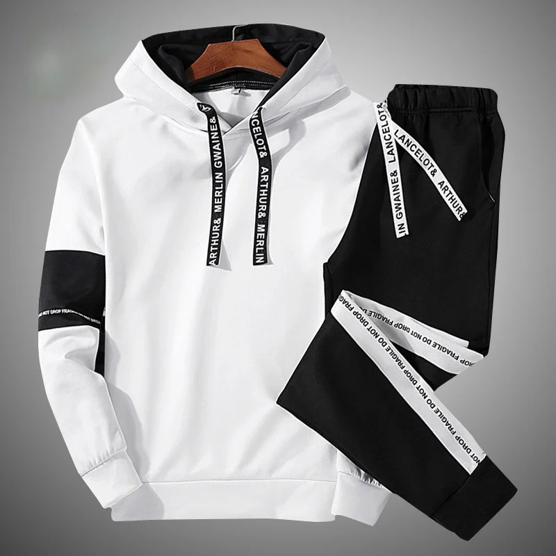

Men's Casual Tracksuit Sportswear Men Hot Sale Hooded Sweatshirt Patchwork Fashion Slim Fit Gym Fitness 2 PC+Pants Jogging Sets