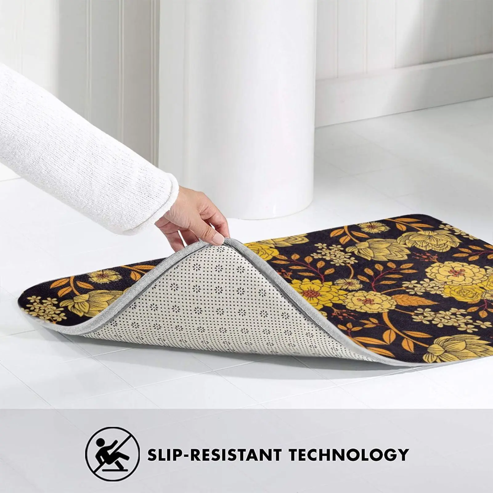 Коврик с желтым оранжевым и темно-синим цветочным узором Противоскользящий