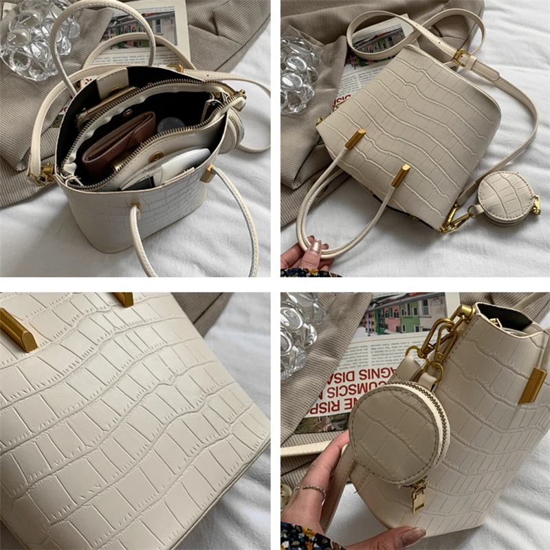 

Vintage Crocodile Effect Small Bucket Bags With Top Handle Trendy 2 Pcs/Set Large Capcaity Tote High Quality Crossbody Bags 2021