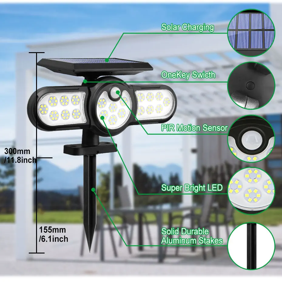 

Outdoor Solar Light 3 Head Street Lamp Ground Lighting Motion Sensor Waterproof Adjustable Heads Wide Angle For Garden Yard