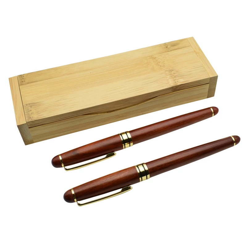 Один комплект 2 красное дерево гелевые ручки с подарочная шкатулка из бамбука