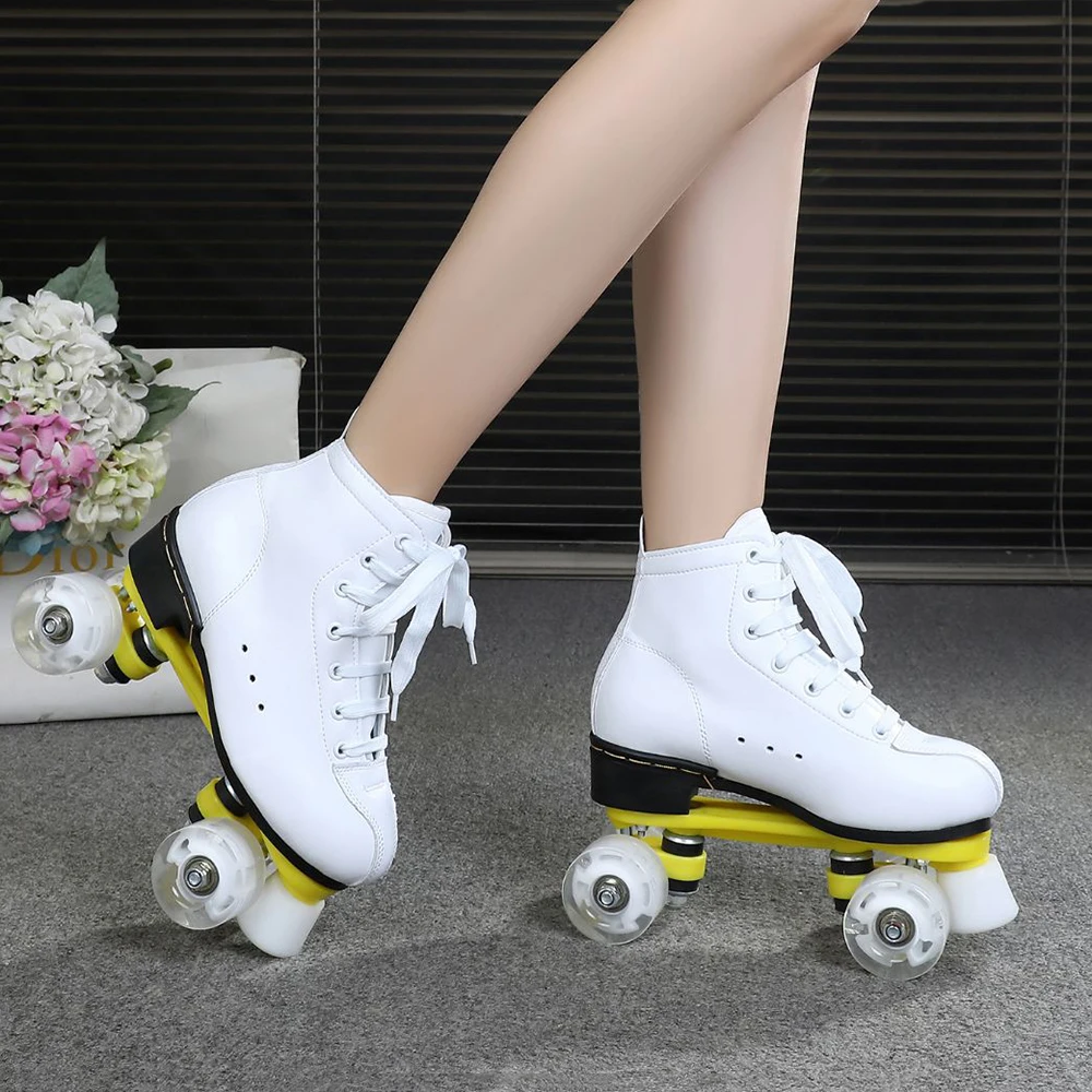 Cow Leather Woman Double Row Roller Skate Shoes Black White Outdoor 4 Wheels Training Shoes Quad Sneakers Sports Patines Shoes