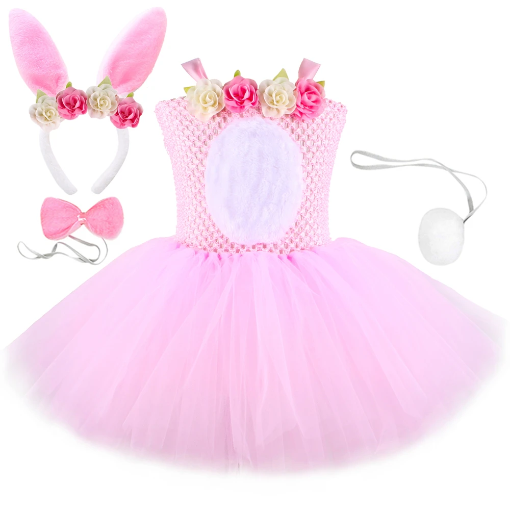 Pink Flower Bunny Dress Girls Easter Outfit Toddler Baby Animal Rabbit Cosplay Costume Kids Halloween Birthday Girl Tulle Outfit