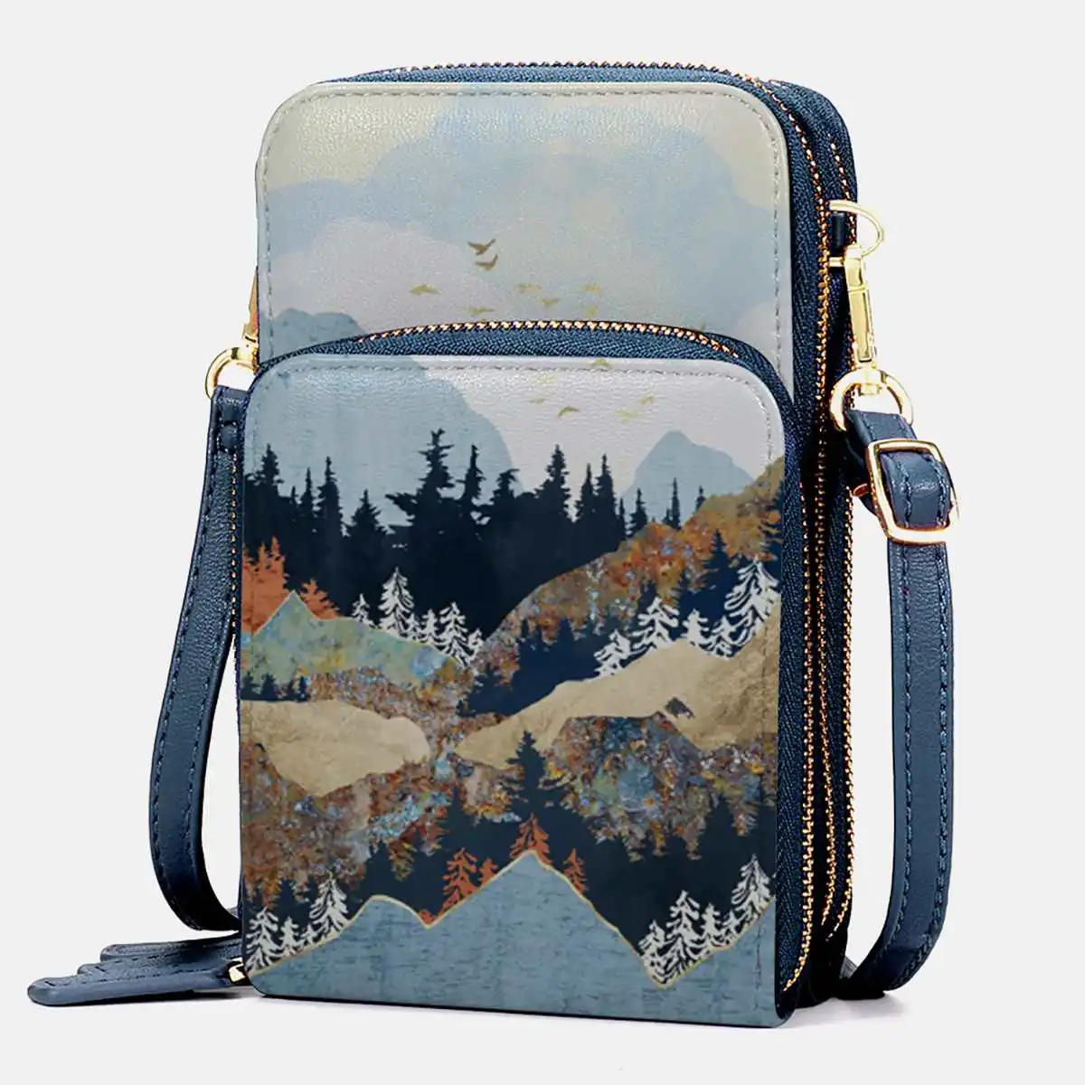 

Women's Shoulder Bag PU Leather Multifunctional Phone Pouch Mountain Tree Print Coin Purse Crossbody Card Holder Day Use Gift