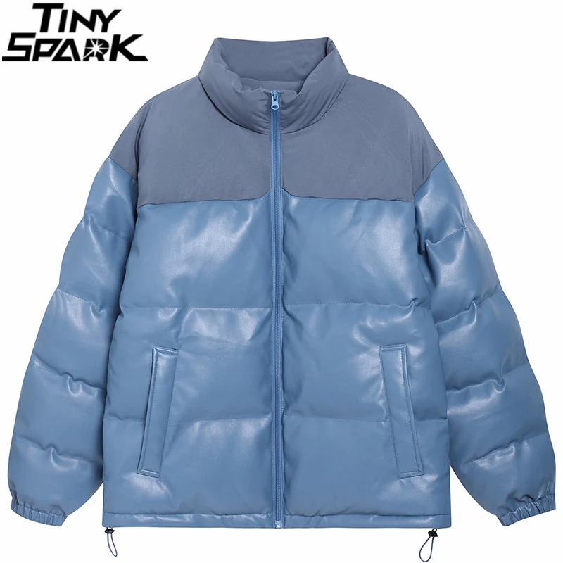 

Hip Hop PU Leather Parka Jacket 2021 Men Streetwear Patchwork Padded Jacket Coat Harajuku Cotton Jacket Winter Outwear Warm Zip
