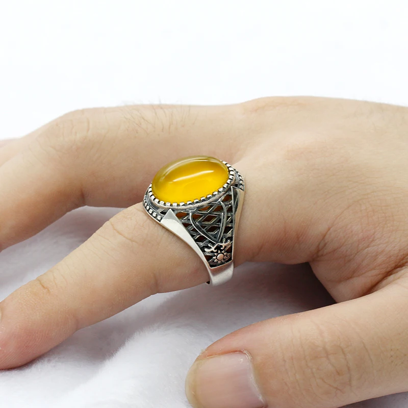 

Женское серебряное мужское кольцо с желтым ониксом, кольцо с двойным мечом, винтажный тайский серебряный стиль, ювелирные изделия ручной работы в турецком стиле