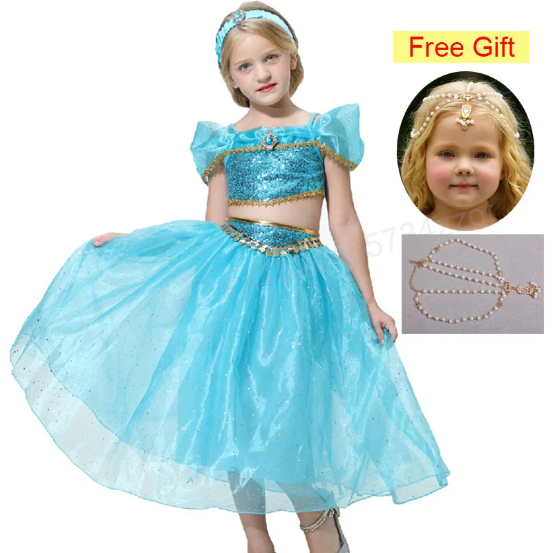 Jasmine Dress-5 Принцесса Жасмин платье Аладдин волшебная лампа девушки косплей костюм необычные дети танцевальная одежда Комплект топ брюки и платье для ребенка - Цвет: Jasmine Dress-5