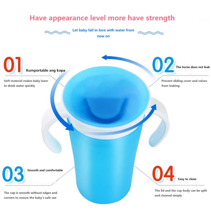 

360 Degrees Can Be Rotated Baby Learning Drinking Cup With Double Handle Flip Lid Leakproof Magic Cup Infants Water Cups Bottle