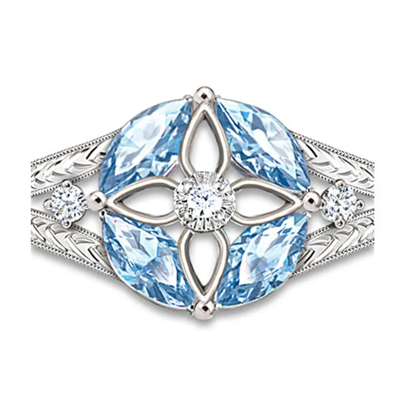 Женское кольцо с голубым цирконом и клевером обручальное настроением вечерние