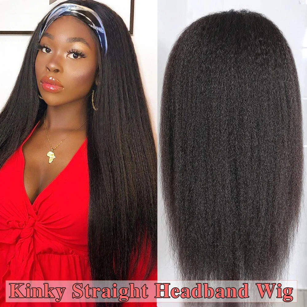 Kinky da Faixa da Cabeça Perucas do Cabelo Peruca para o Cabelo Peruca Reta Humano Densidade Brasileiro Preto 200%