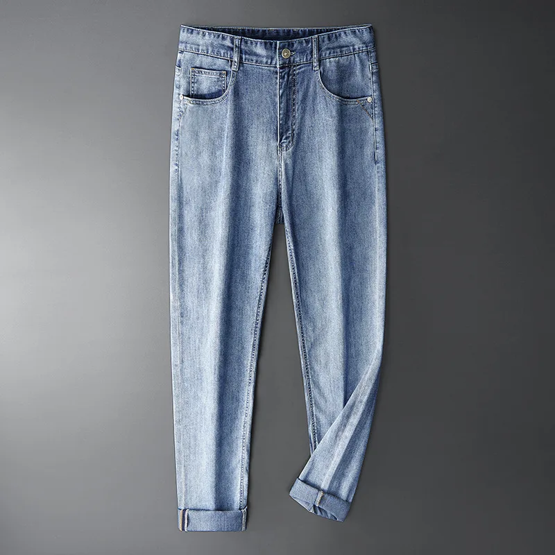 

2021 Autumn Classic Style Men Brand Jeans Cotton Business Casual Stretch Slim Denim Pants Light Blue Gray Trousers Male Clothing