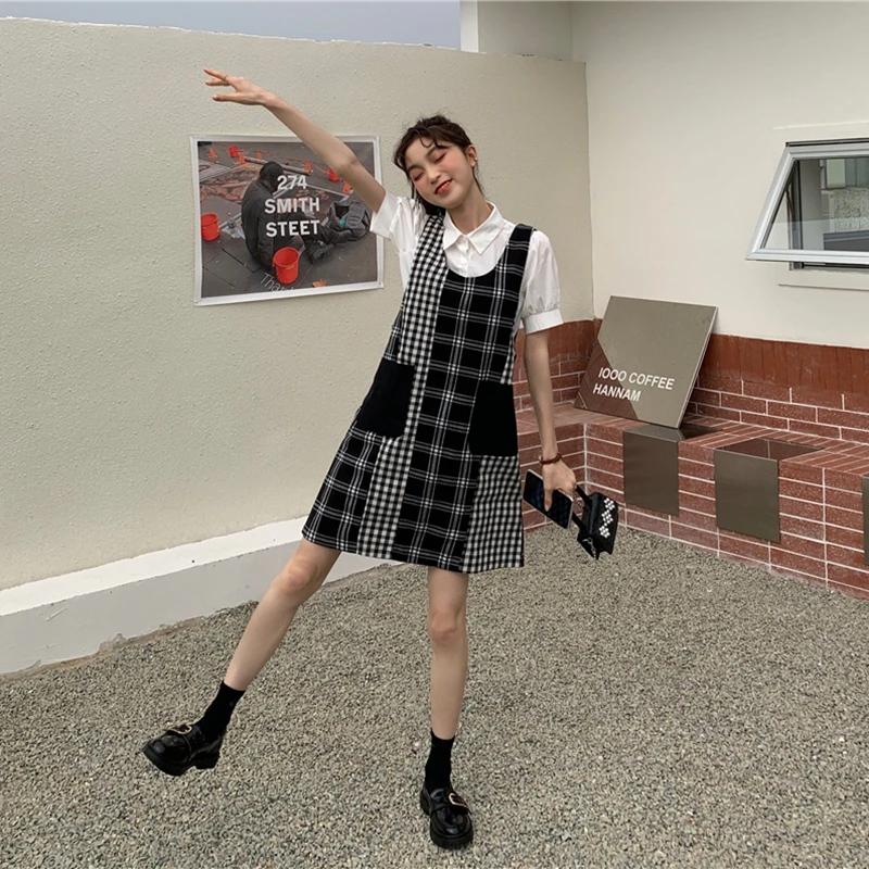 

Black White Plaid Summer Dress Mori Girl Preppy Style Pocket Spaghetti Strap Dress Harajuku Cute Dresses Female vestido de mujer