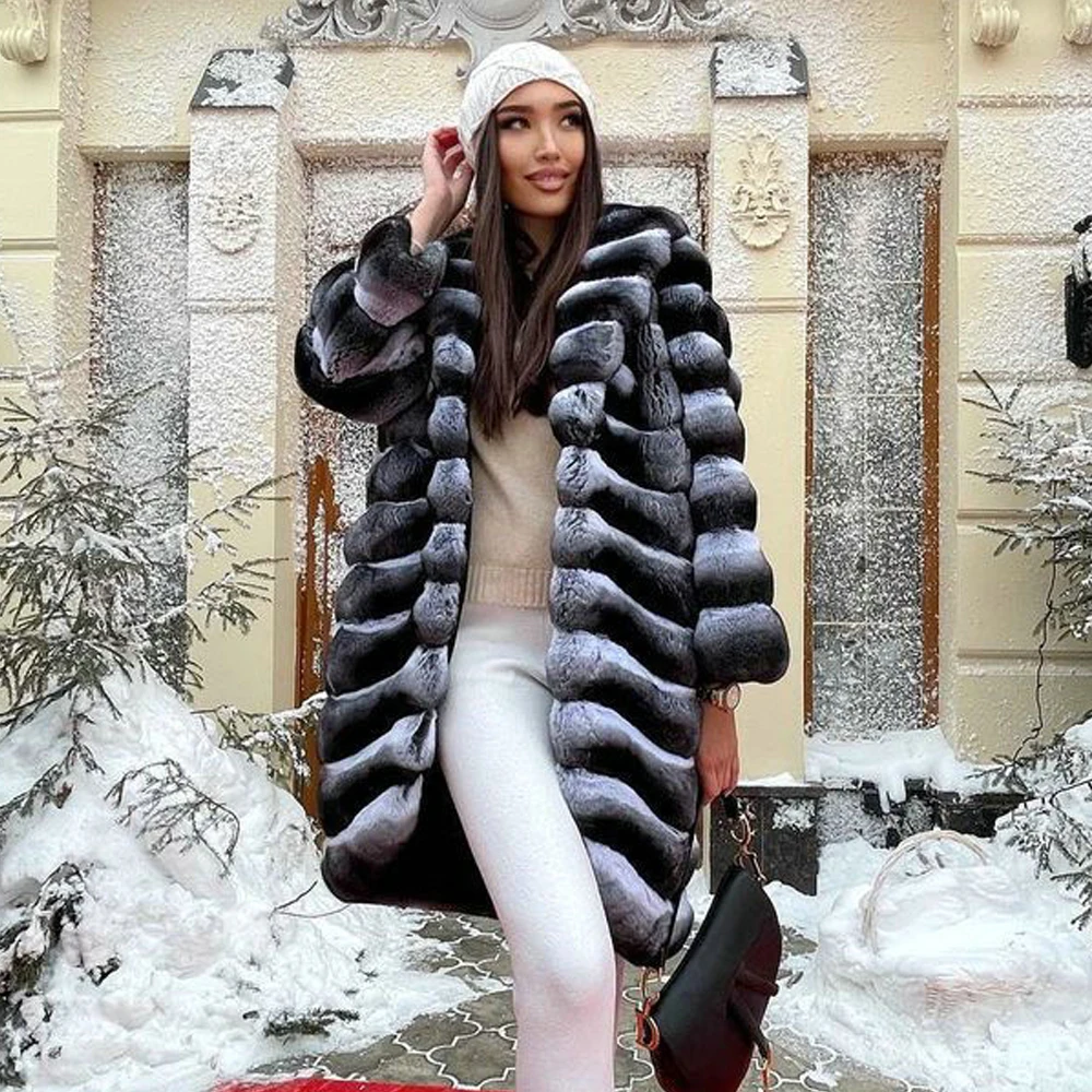 Women Fashion Long Rex Rabbit Fur Coat Natural Women Whole Skin Genuine Rex Rabbit Fur Coats Chinchilla Color Fur Overcoat Woman