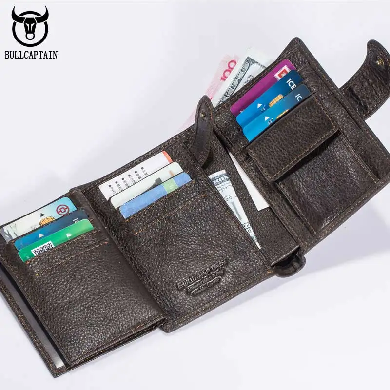 BULLCAPTAIN мужской кожаный бумажник с RFID, короткий, три раза, с пряжкой, на молнии, кошелек, кошелек, сумка, зажим, карман для монет