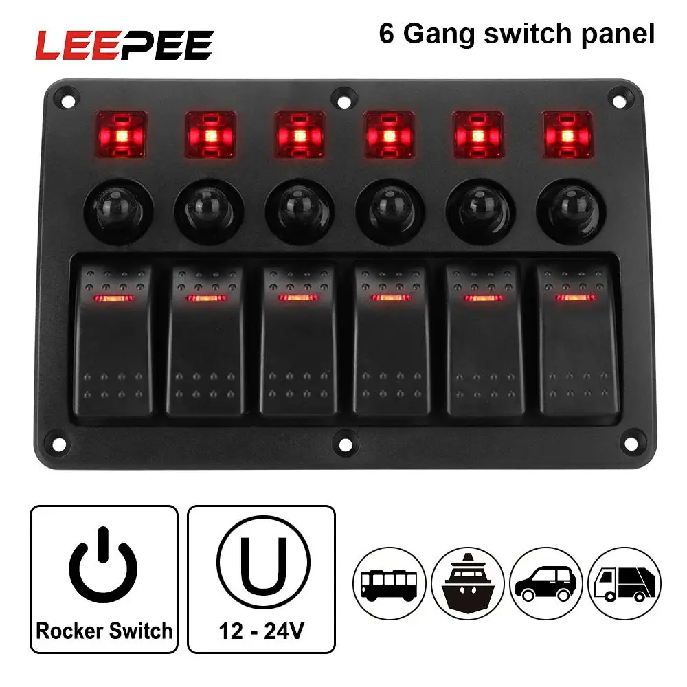 

6 Gang Marine Rocker Switch Panel with Sticker 12~24V LED Light Waterproof Car Switch Panel Circuit Control