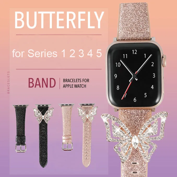 Женский кожаный ремешок для Apple Watch Series 1 2 3 4 5 блестящий браслет бабочка 38 мм 42 40 44