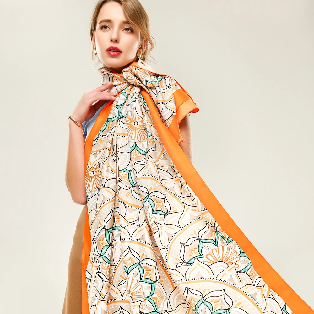 Женский хлопковый шарф с принтом FS зеленый или оранжевый пляжный цветочным