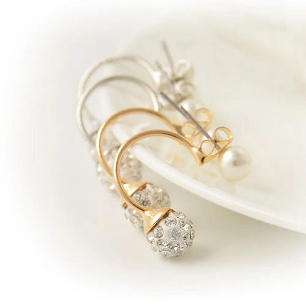 New Fashion Cute Compact Pearl Ear Stud Women Lady Girls Double Ball Alloy Crystal Rhinestone Earrings Chic Gift MV66 | Украшения и