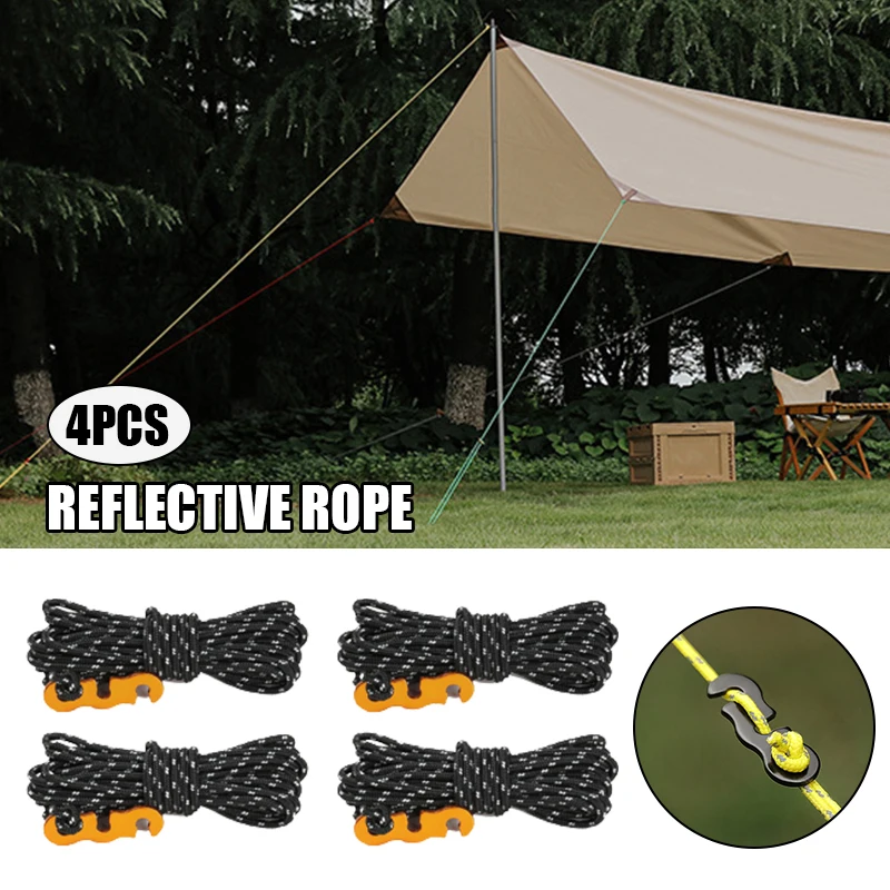 

4pcs 4m Lightweight Outdoor Tent Reflective Rope Cords Camping Rope With Aluminum Alloy Buckle Thick For Tent Tarp Whstore