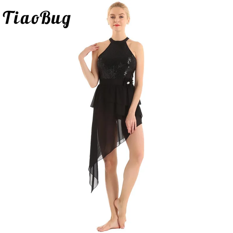 

TiaoBug Adult Sequins Halter Asymmetrical Chiffon Gymnastics Leotard Women Ballet Dress Stage Contemporary Lyrical Dance Costume