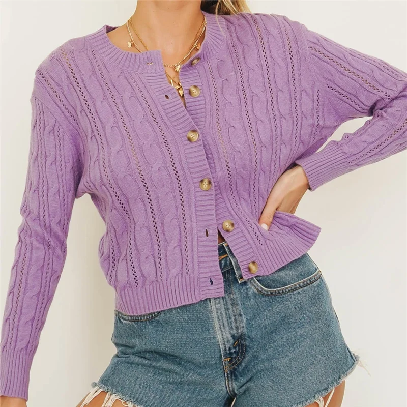 Осень 2020 женский свитер белый вязаный зеленый твист Кардиган укороченный