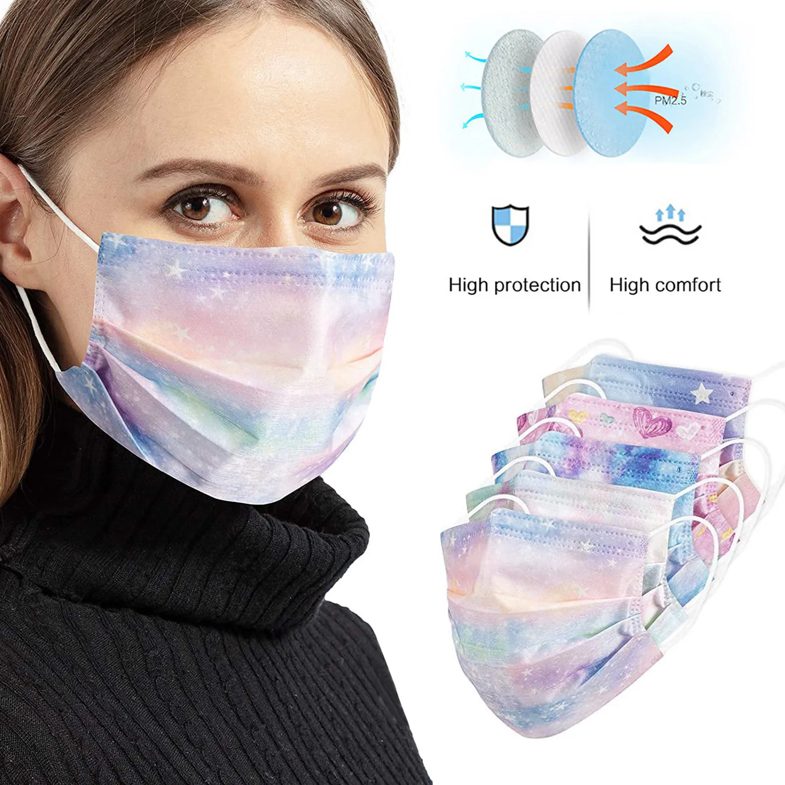 

50PC Adult Tie dye Prints Masks Unisex Disposable Face Mask Industrial 3Ply Dustproof Filter Pm2.5 Mask Earloop Bandage Masque