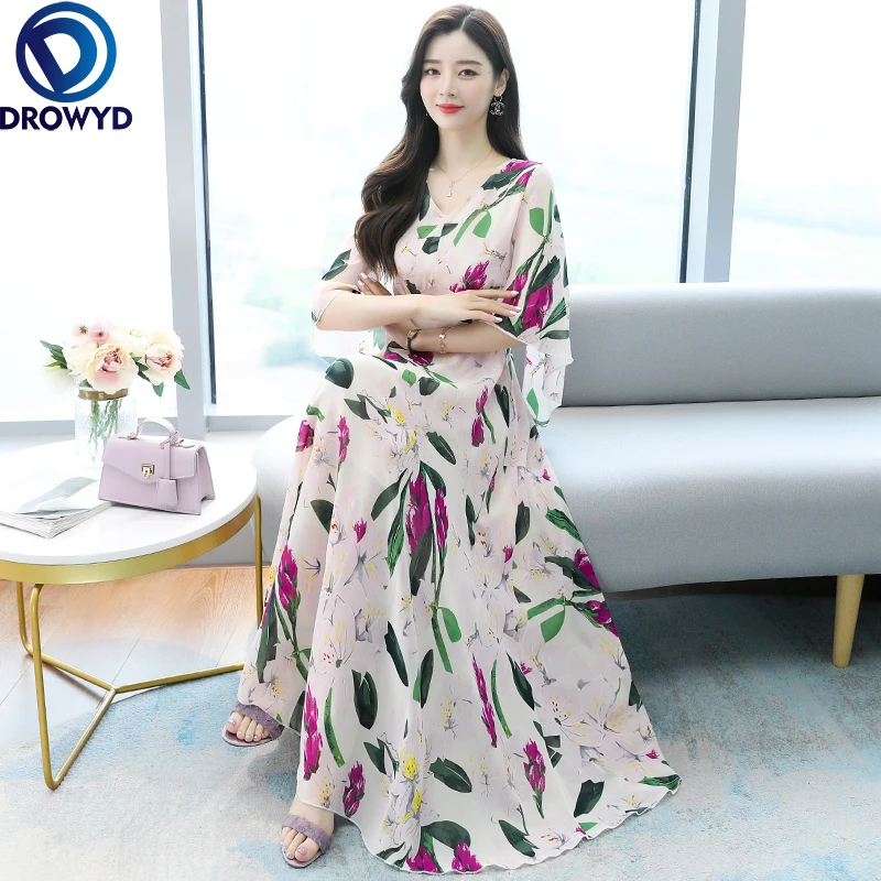 2021 размера плюс платья Макси розовое пляжное Цветочный принт шифоновое платье