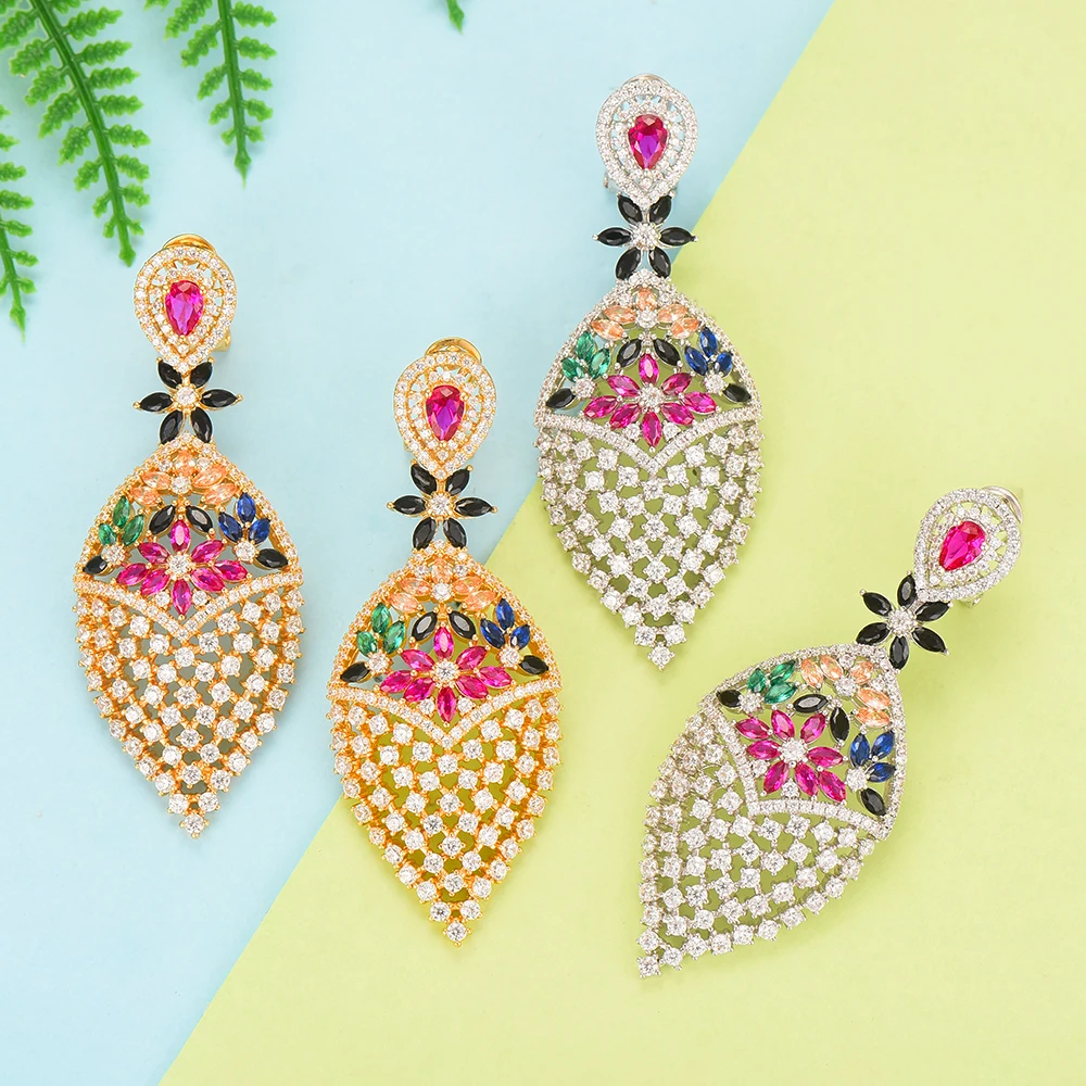 

KellyBola Fashion Jewelry Naija indian Dubai Wedding Earring For Women Luxury Mirco Paved Cubic Zirconia Flowers Earrings