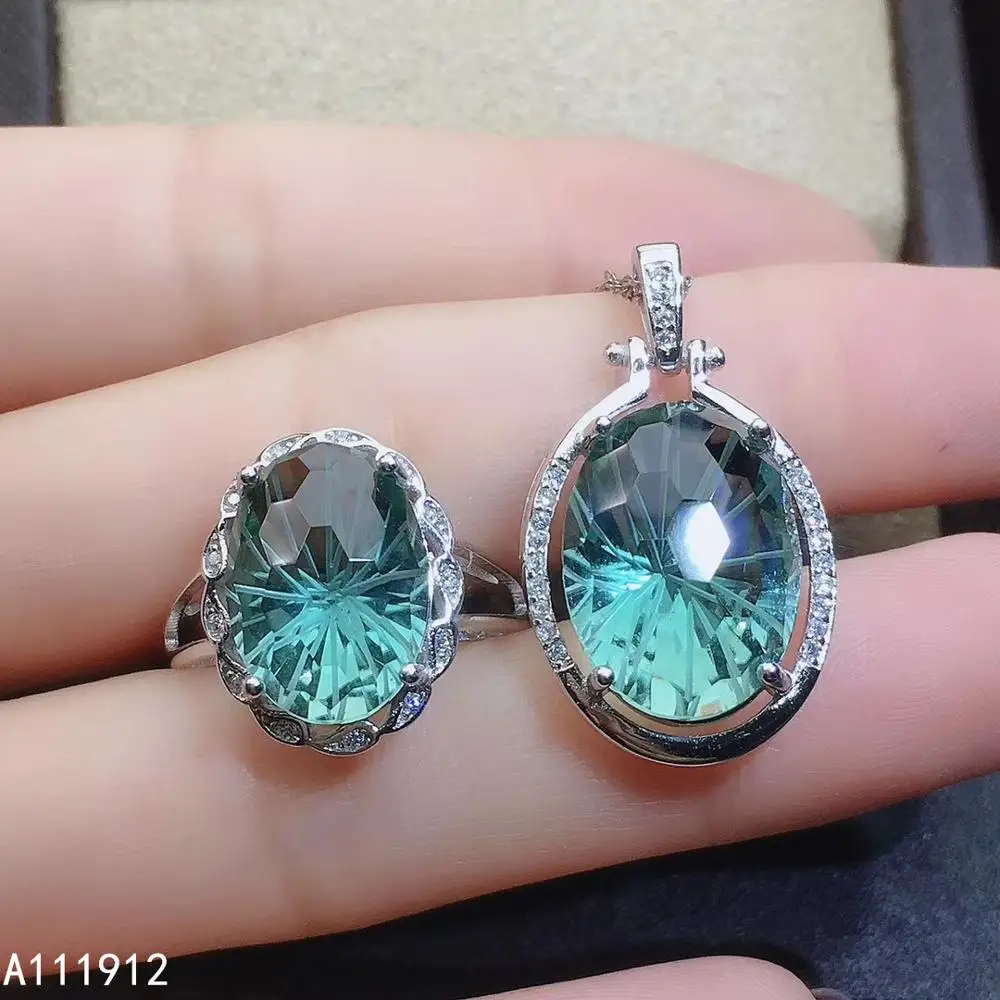 KJJEAXCMY Fine Jewelry Green Crystal 925 Sterling Silver Women Pendant Necklace Chain Ring Set Luxury