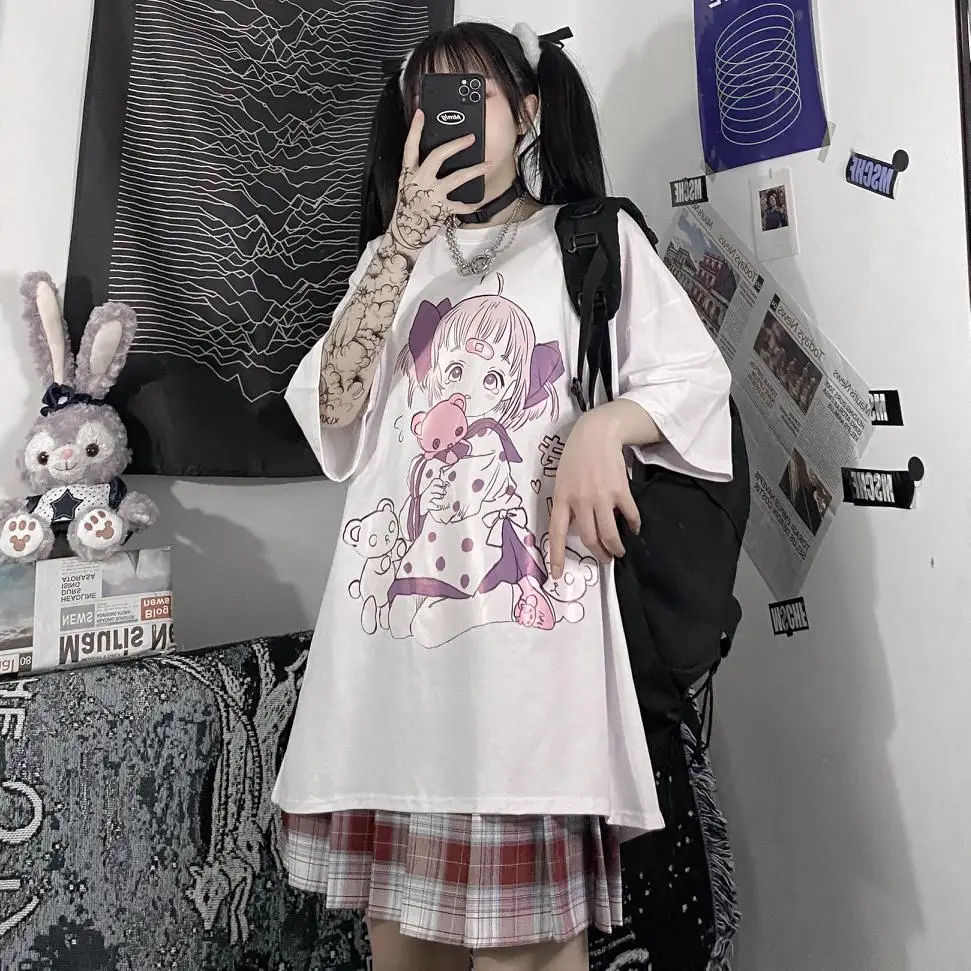 

Kawaii Japanese Girl Cartoon Print Harajuku Female Summer Loose T-Shirt Cute T-Shirt Short-Sleeved Casual Fashion Sports T-Shirt