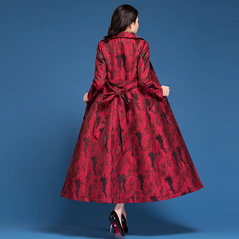 Осень весна 2019 корейский женский Красный жаккардовый цветочный Тренч с высокой