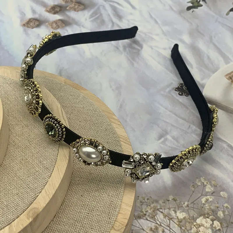 

Повязка на голову в стиле ретро из металлического сплава с жемчугом и бриллиантами, украшения для волос в стиле барокко, модная повязка на г...