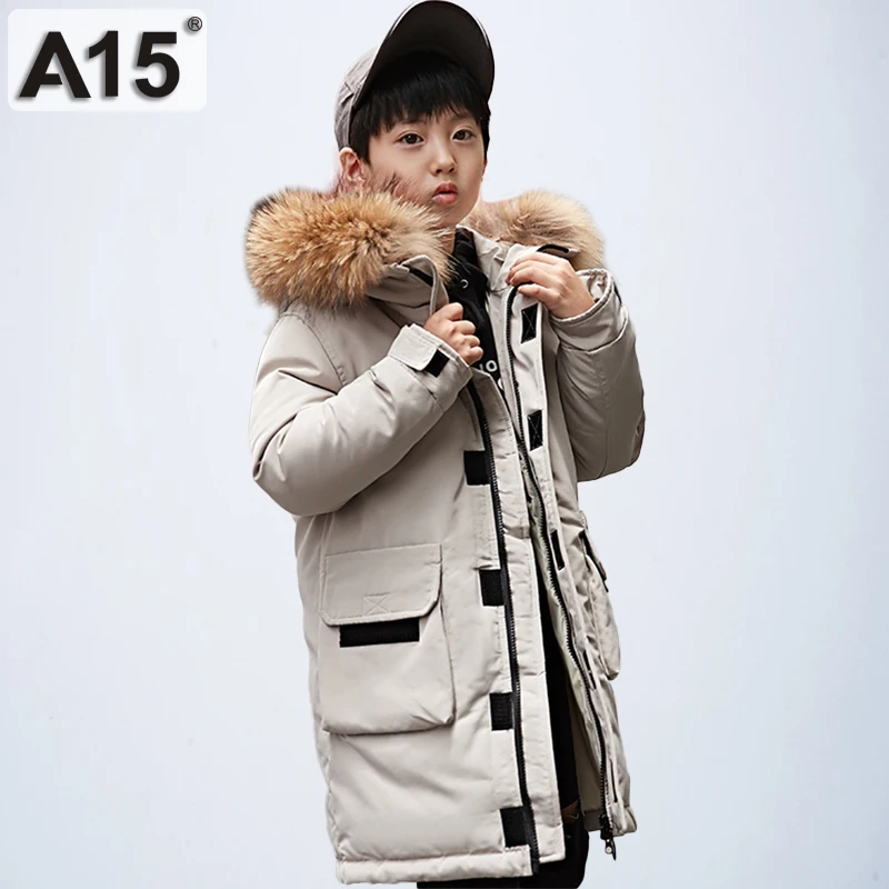 Детский пуховик с капюшоном A15 зимняя длинная куртка для мальчиков и подростков