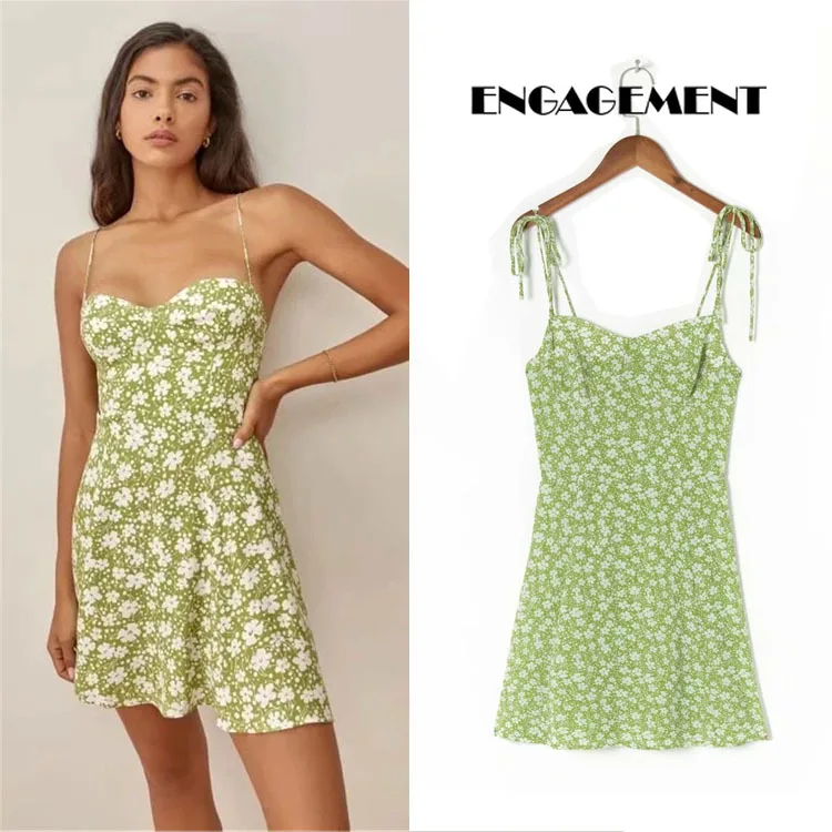 

ENGAGEMENT traf 2021 New pastoral style fresh and sweet printed dress Summer ladies lace-up high waist A-line skirt