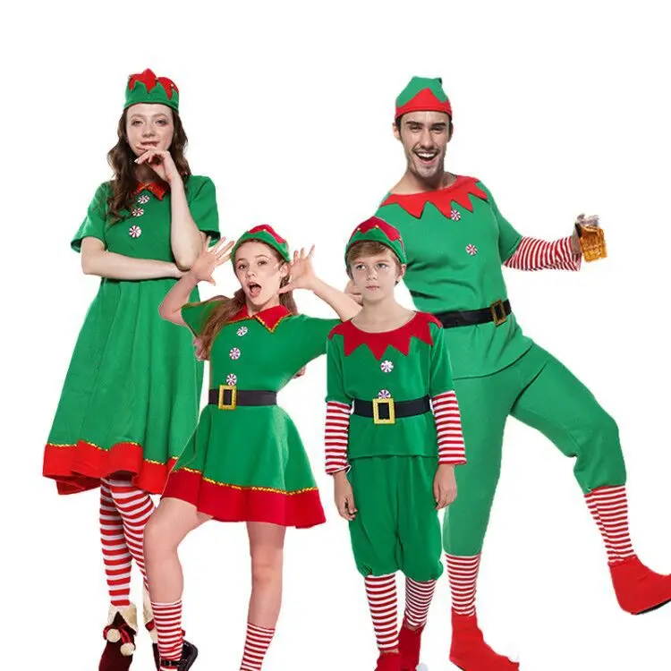 

2020 Christmas Family Cosplay Costumes Elf Party Dress Green Parents Kids Christmas Wear Suits Winter Pajamas Top+Hat+Pants Set