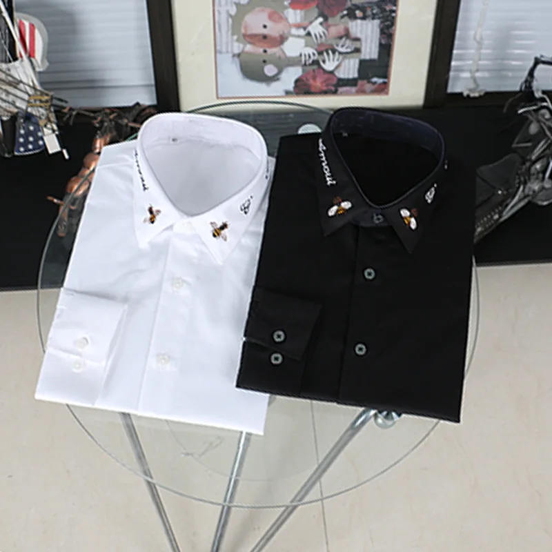 

2021 new long-sleeved men's shirts fashion close-up collar embroidery black and white large size shirt men's shirts for summer