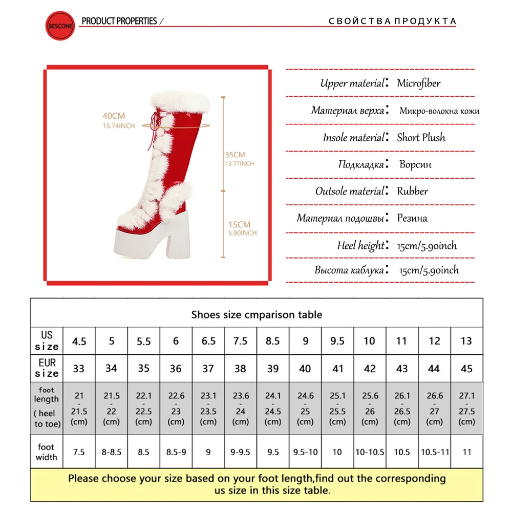 

Bescone Fashion Knee-high Boots Woman White Fur Lace Up Zip Long Boots Ladies High Platform High Square Heel Women Shoes BO726