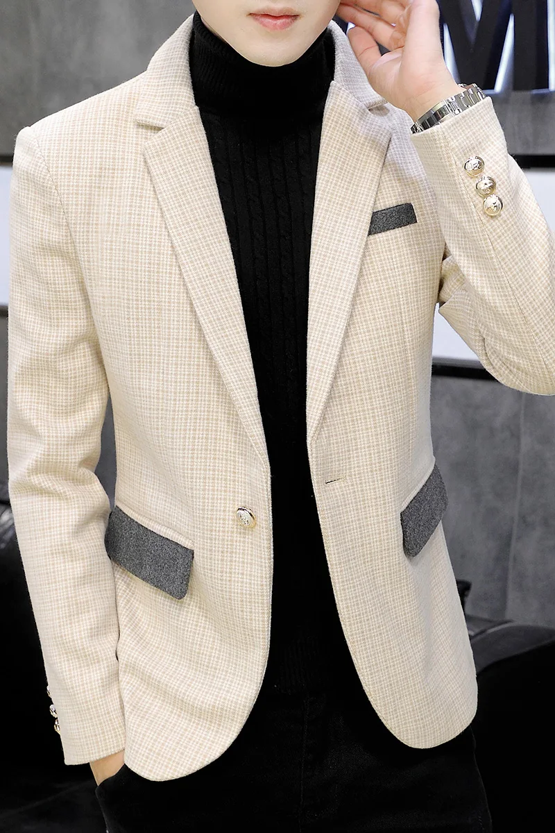 

Men Autumn Winter Blazers Thicken Woolen Suit Jacket British Style Casual Slim Fit Dress Coat Plaid One Buckle Blazer Masculino
