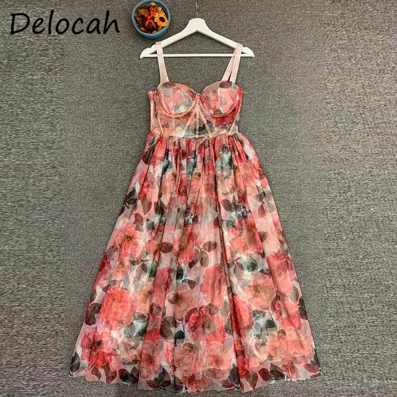 

Delocah New 2021 Summer Women Fashion Designer Party A-Line Dress Sexy Spaghetti Strap High Waist Printed Ladies Mesh Dresses