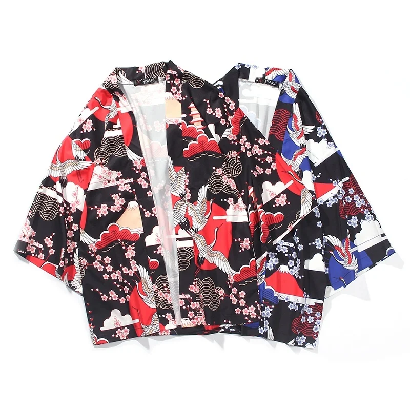 Куртка-кимоно с принтом журавлей для мужчин и женщин Свободный кардиган в