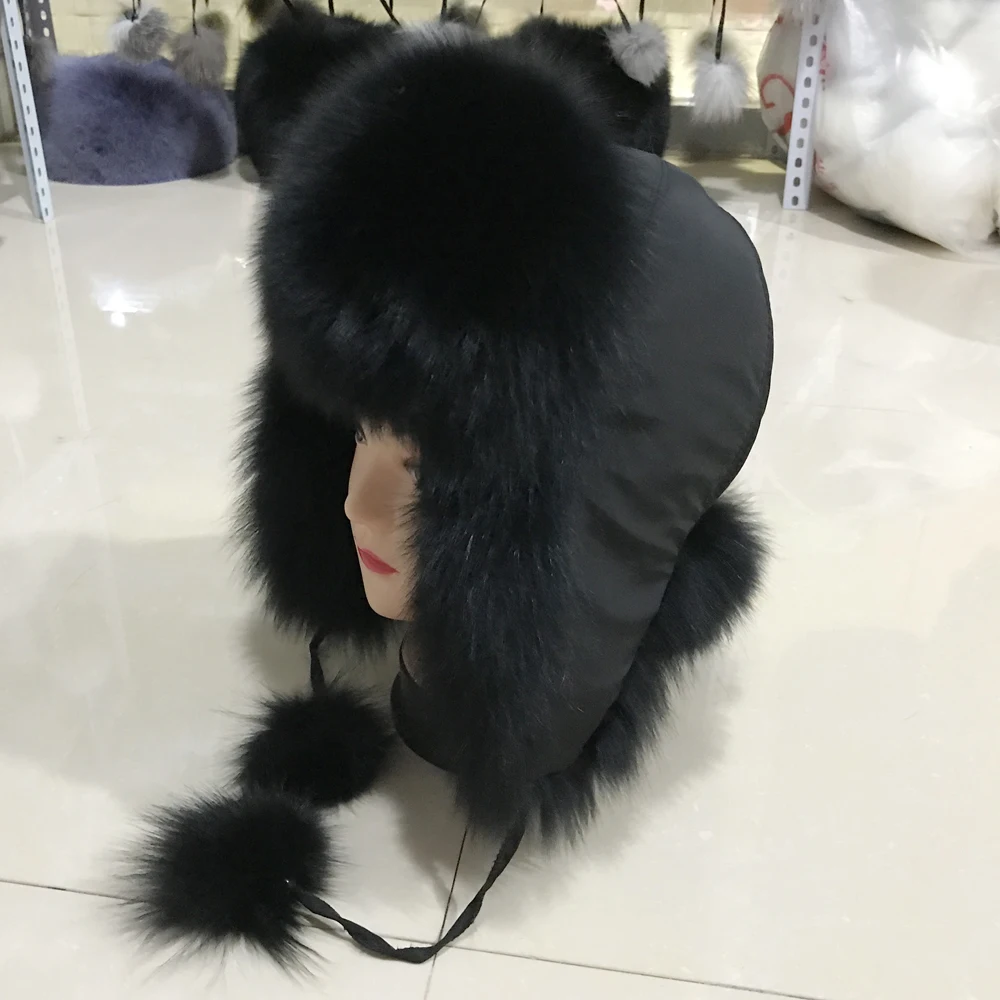 Зимняя теплая шапка бомбер из натурального Лисьего меха женские пушистые шапки