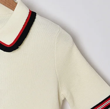 

Women Sweater 2019 Spring and Summer New Lapel Stripe Stitching Cuff Sweater