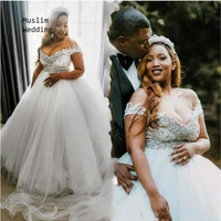gorgeous ball gown beaded wedding dress off shoulder plus size african wedding dresses floor length tulle garden bridal gowns