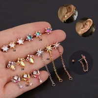 1pc 20g flower star heat cz cartilage stud earring stainless steel colorful cz crystal chain earrings helix ear piercing jewelry