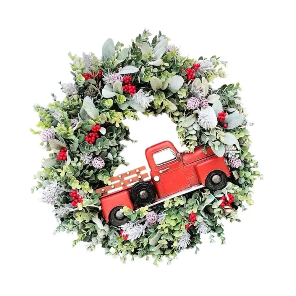 

Красный Рождественский венок с грузовиком, искусственный осенний венок с красными ягодами, сосновые конусы, рождественские колокольчики, з...