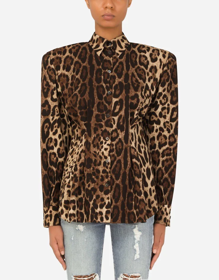 

High Quality Women Elegant Temperament Leopard Print Shoulder Pad Collect Waist Blouse Shirt