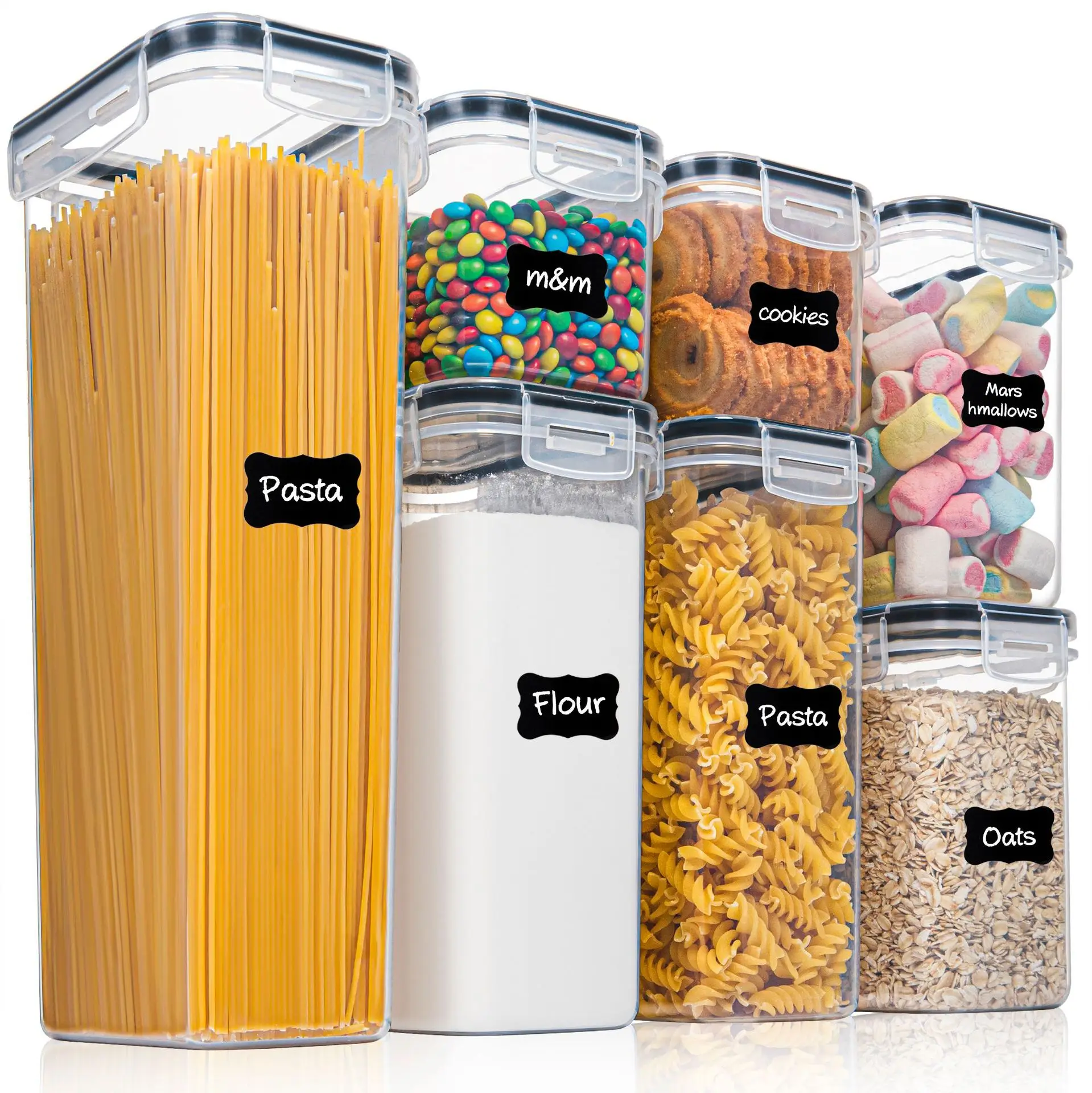 

Set of 7 Plastic Kitchen Storage Boxes Variety Sizes Dry Foods Noodles Oatmeal Cereals Beans Containers Candy Pasta Organizer