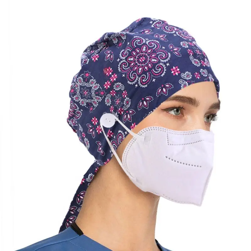 

Working Scrub Cap with Button Sweatband Star Paisley Floral Print Adjustable Tie Back Elastic Bouffant Hat Head Scarf