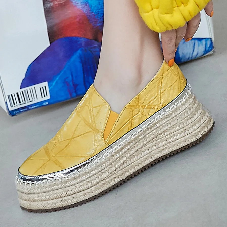 

Women's genuine leather platform flats lip-on loafers leisure soft comfortable thick sole hemp casual daily driver pregnant shoe